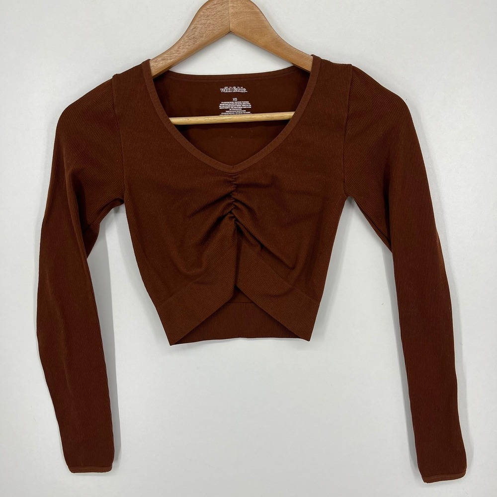 Wild Fable Womens XS Brown Ribbed Ruched V-Neck Long Sleeve Crop Top